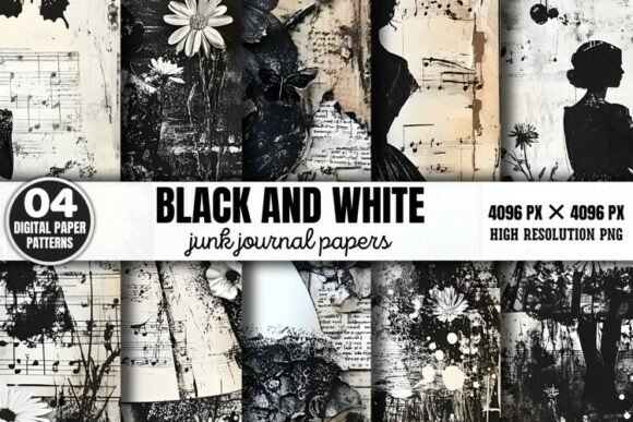 Download Black and White Junk Journal Paper Patte - Journal paper Collection