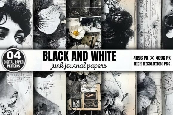 Download Black and White Junk Journal Paper Patte - Journal paper Collection